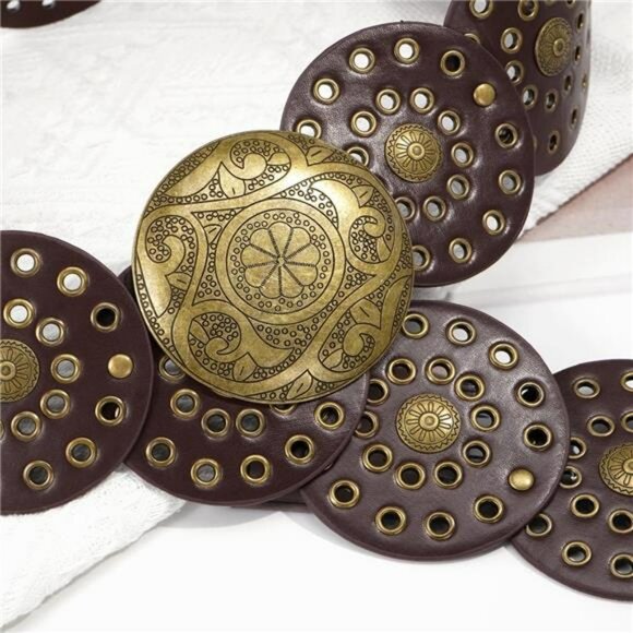 Womens wide boho leather belt vintage western chunky waist belt with metal buckl - Picture 5 of 7